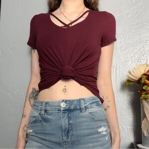 Love Fire Maroon Red Blouse Tee Shirt, Size XS